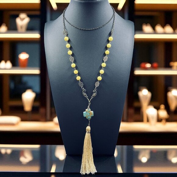 Boho Gypsy Cross Pendant Necklace Turquoise Tassel Long Beaded Chain Vintage - Picture 1 of 9